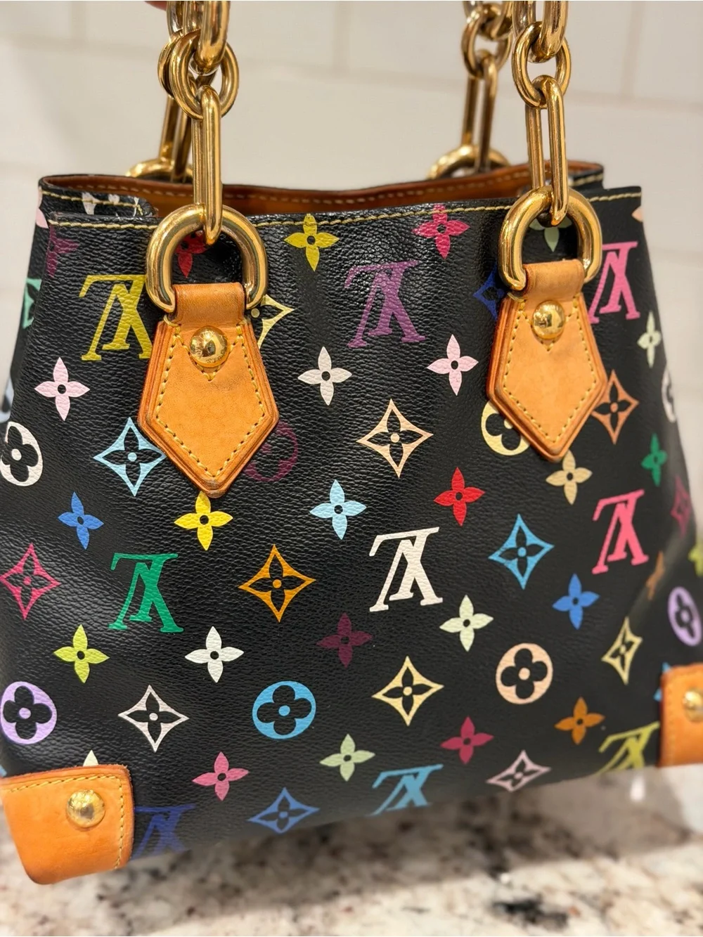 Louis Vuitton Black Multicolor Monogram Satchel with Tan Leather Trim